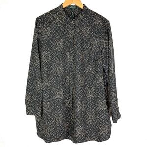 FINAL SALE Ralph Lauren Mandarin Collar Long Sleeve Popover Black Tan Tunic 1X